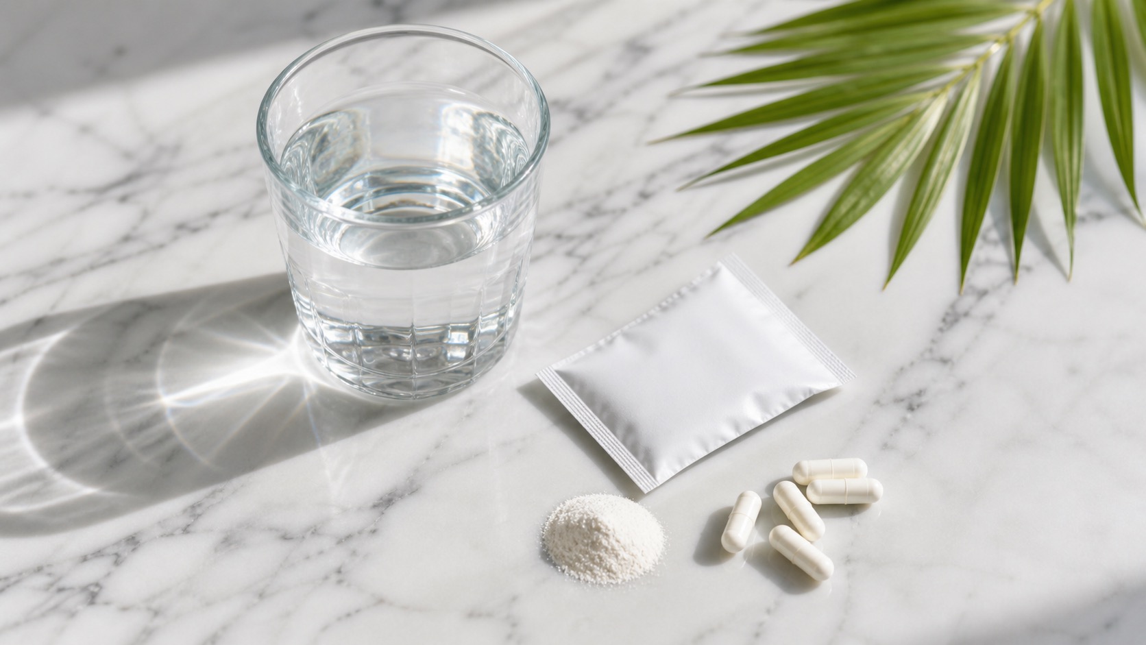 A glass of clear water with electrolyte powder and a probiotic capsule on a clean white table in bright tropical light