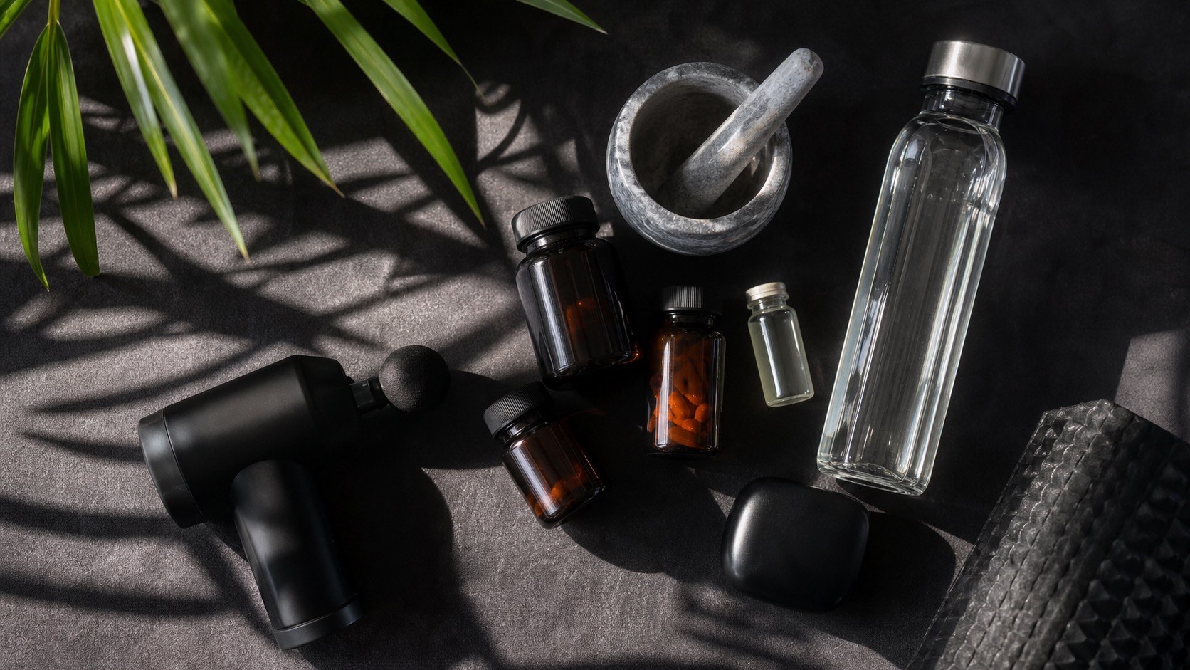 A premium biohacking setup with supplement bottles, a peptide vial, IV therapy setup, and cold plunge visible in a clean modern Bali wellness setting