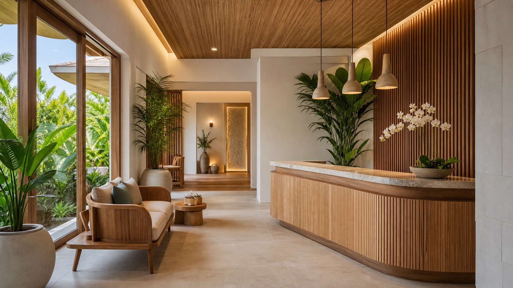 A clean, modern wellness clinic reception area in Bali with natural wood finishes, plants, and a calm clinical aesthetic