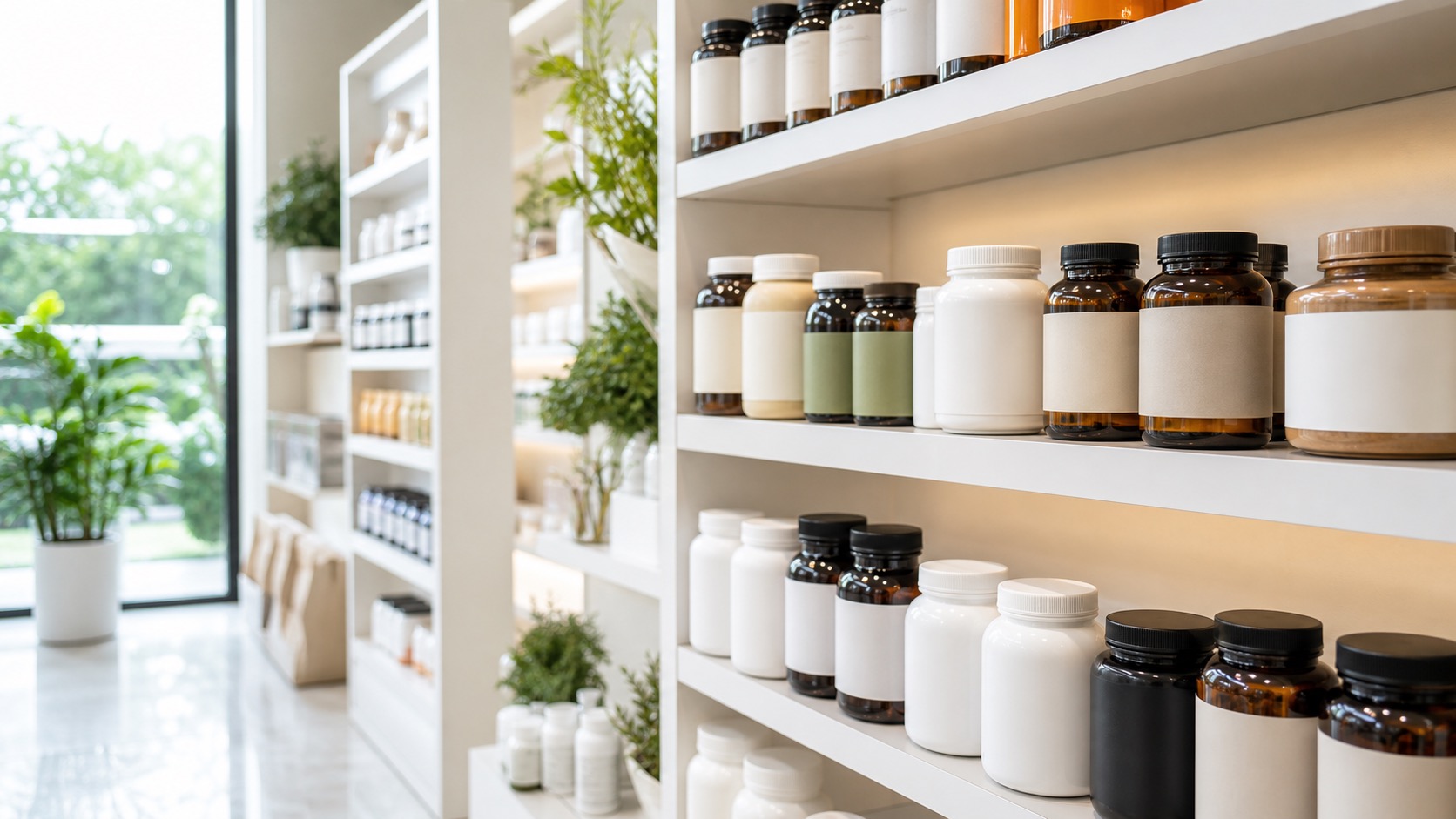 A clean pharmacy shelf with well-organised supplement bottles in a modern Indonesian health store