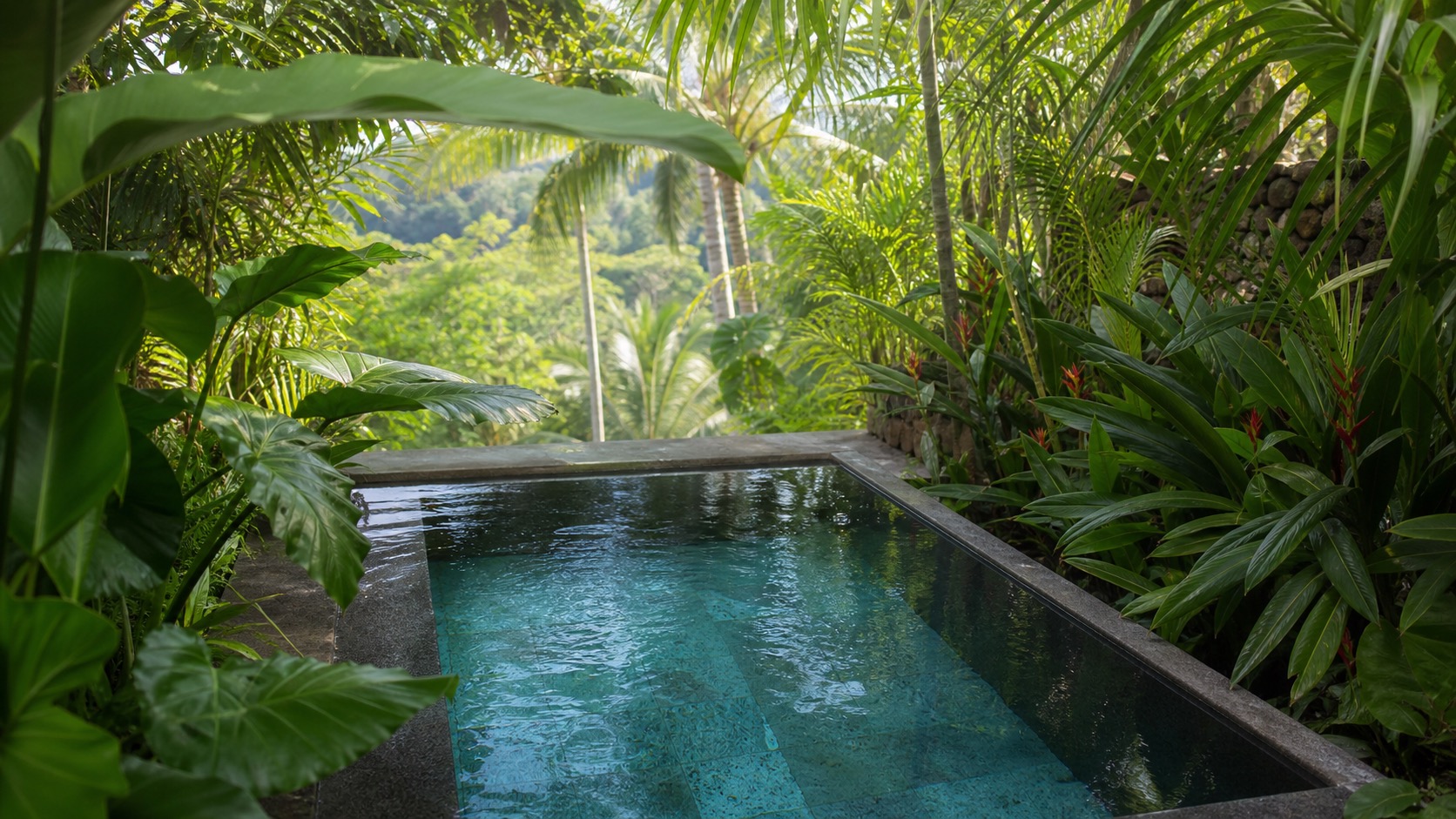 A clean outdoor cold plunge pool in a lush Bali garden setting with clear cold water and tropical plants surrounding it