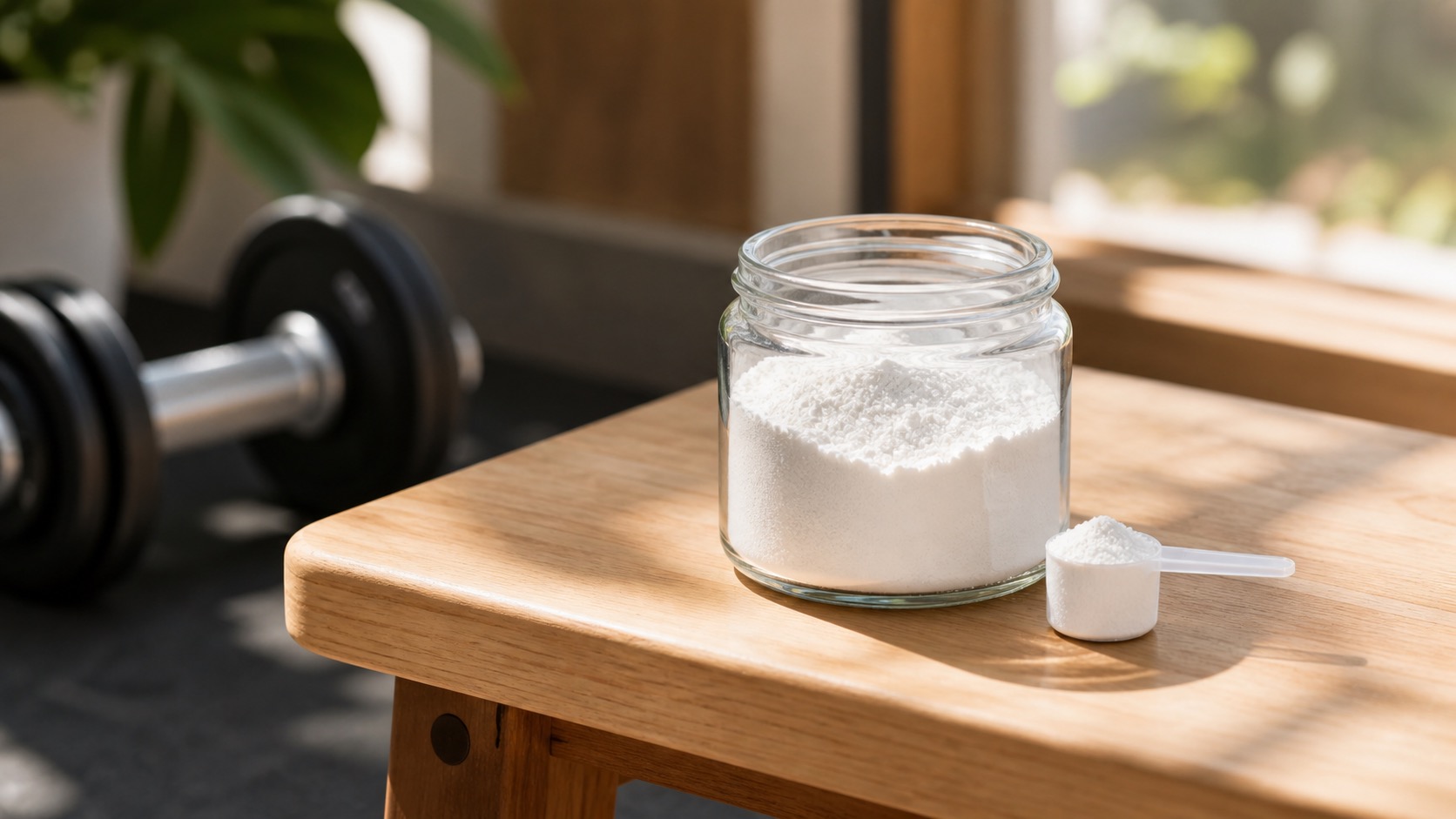 White creatine powder in a small glass jar on a gym surface with natural tropical light