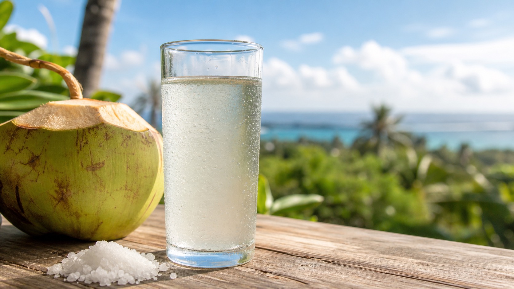 A tall glass of water with a dissolved electrolyte tablet next to a tropical outdoor setting in Bali