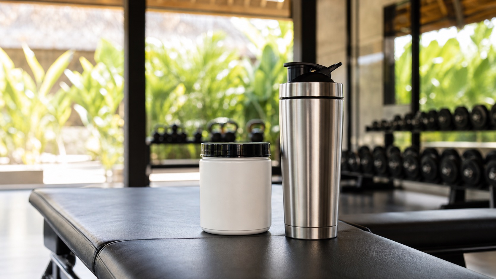 A clean gym bench with a shaker bottle and supplement container in a bright, airy Canggu gym setting