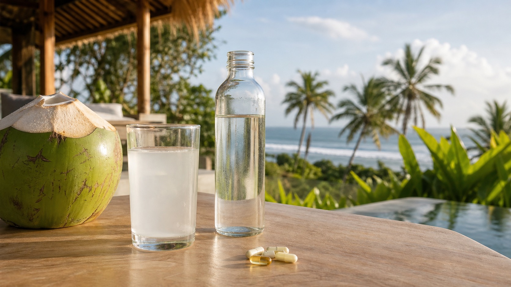 A glass of coconut water and clean supplements on a bright, airy villa table in the morning Bali light