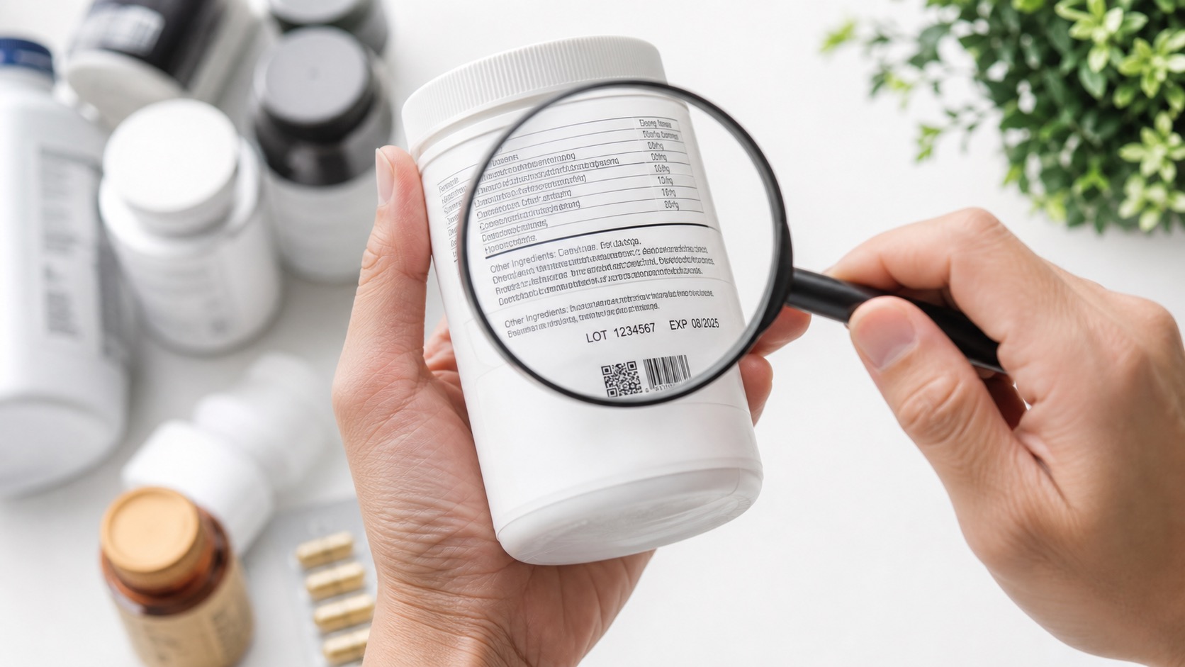 Close-up of supplement label being inspected with magnifying glass in a bright clean setting