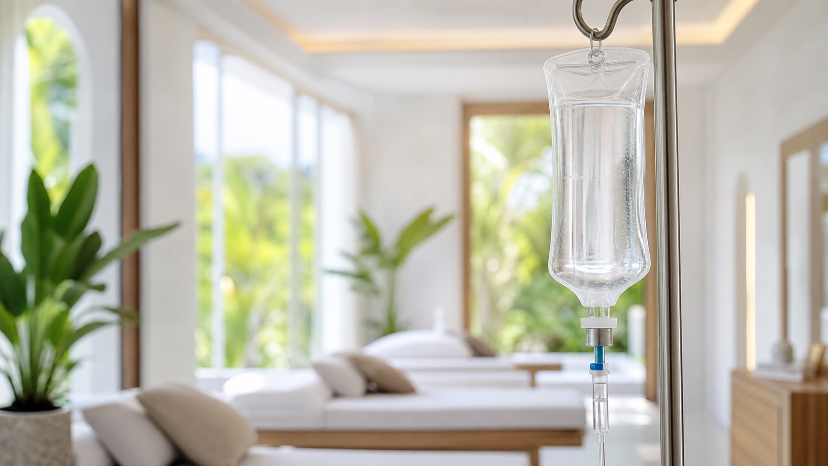 A clean clinical IV drip setup with a clear bag against a bright white background in a modern wellness clinic