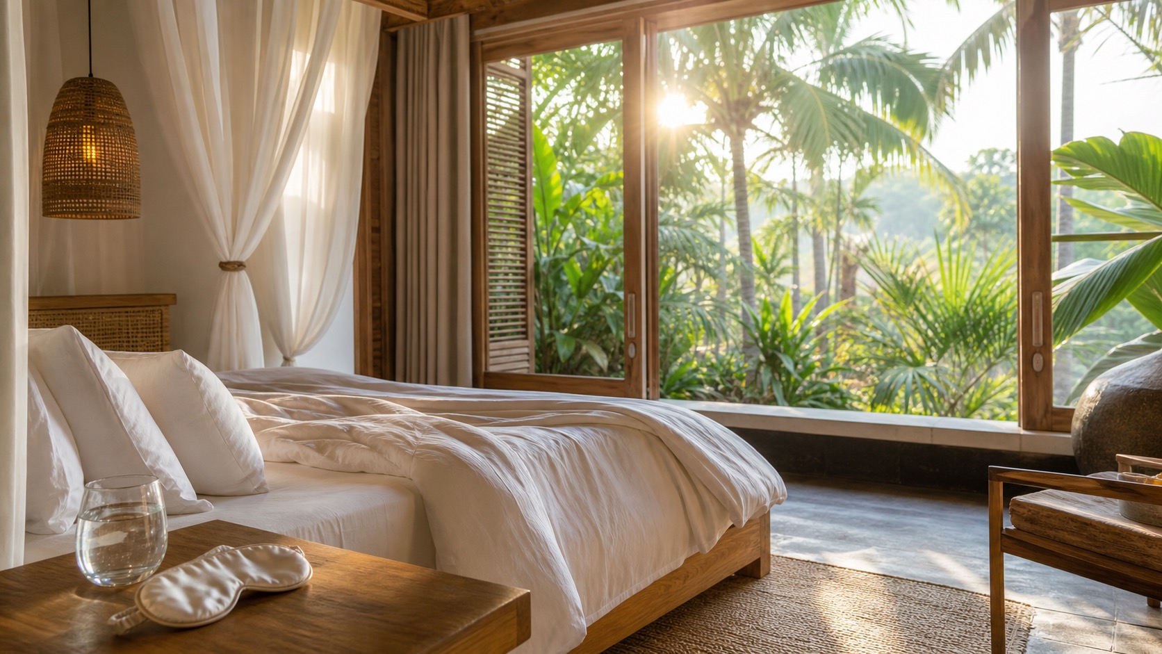 A person relaxing in a bright Bali villa bedroom with tropical morning light coming through large windows