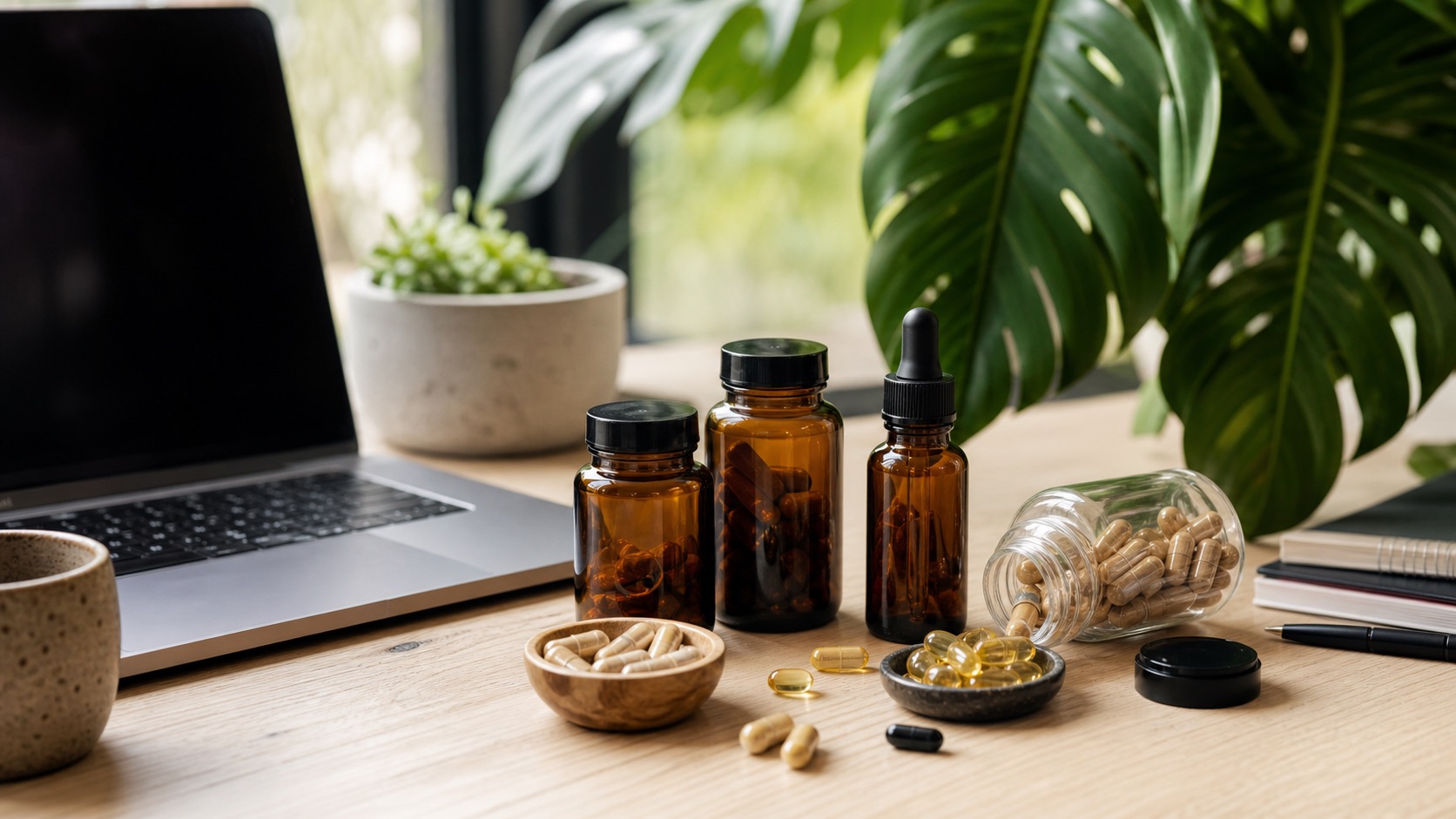 Small amber glass supplement bottles and capsules arranged on a wooden desk with tropical plants in the background