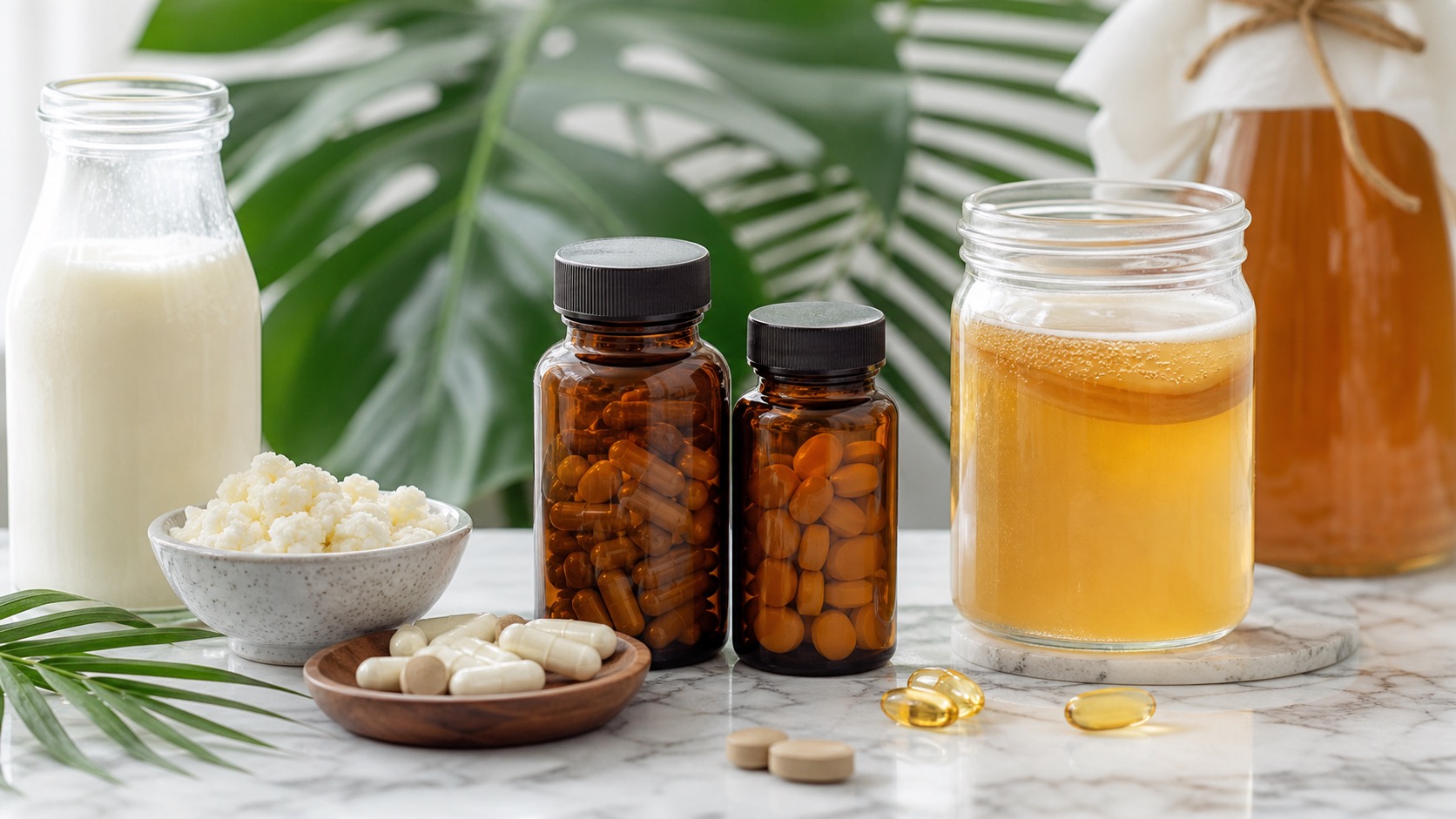 Small glass probiotic capsule bottles and fresh fermented foods arranged on a clean white surface with tropical foliage in the background