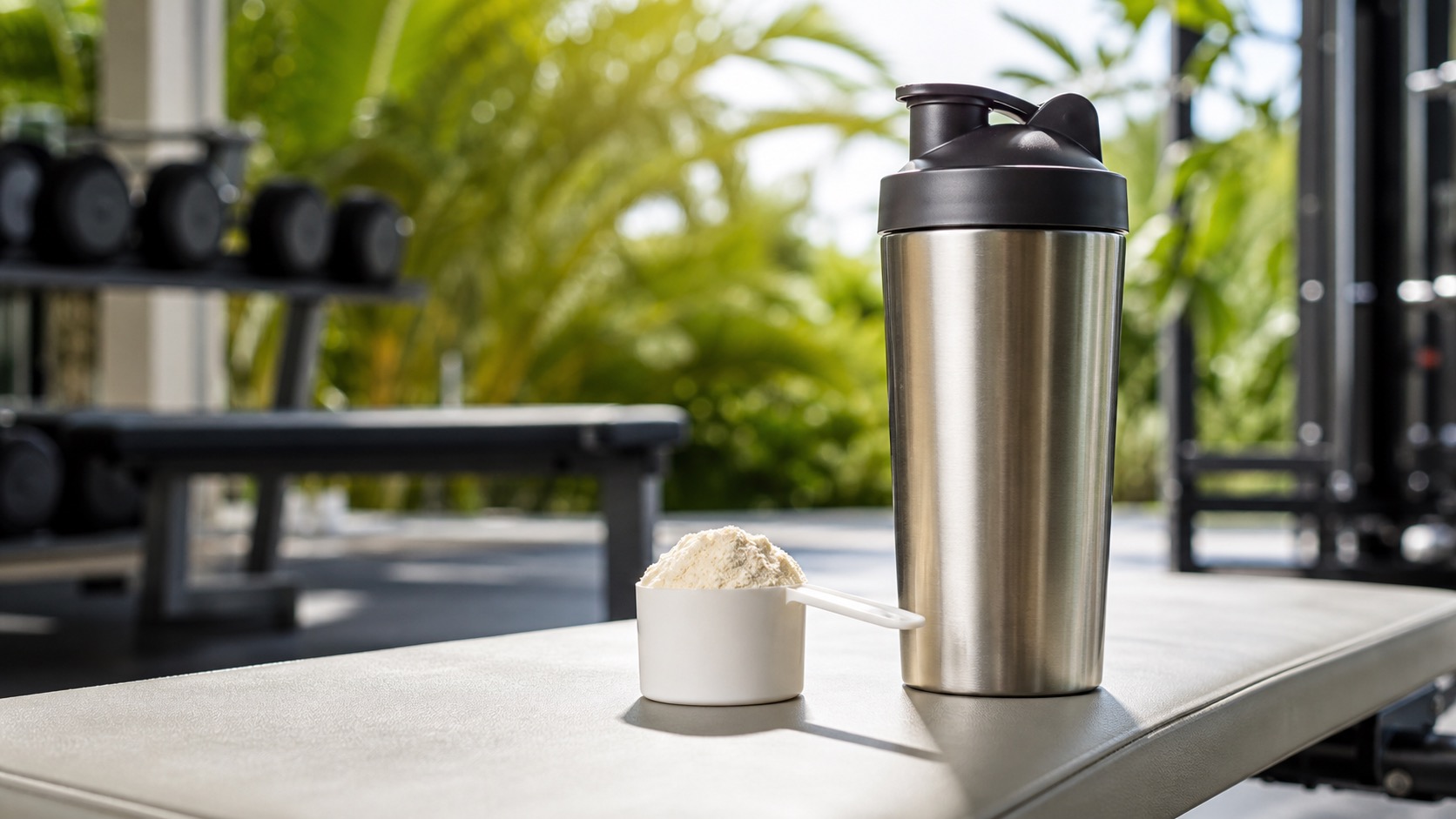 A clean protein shaker bottle and supplement scoop on a gym bench in a bright tropical setting