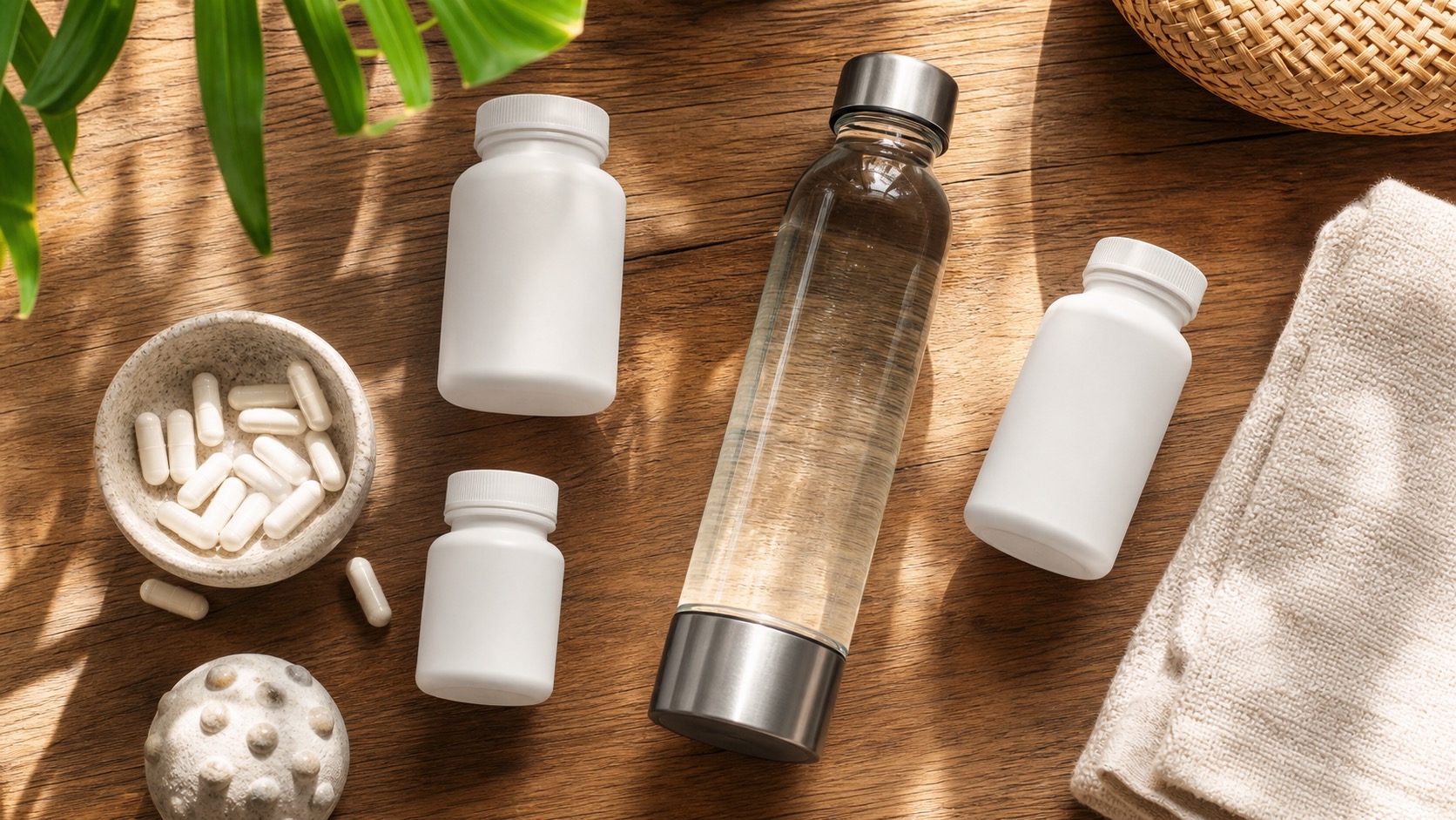 A clean wellness setup with supplements, a hydration bottle, and recovery tools on a wooden table with tropical natural light