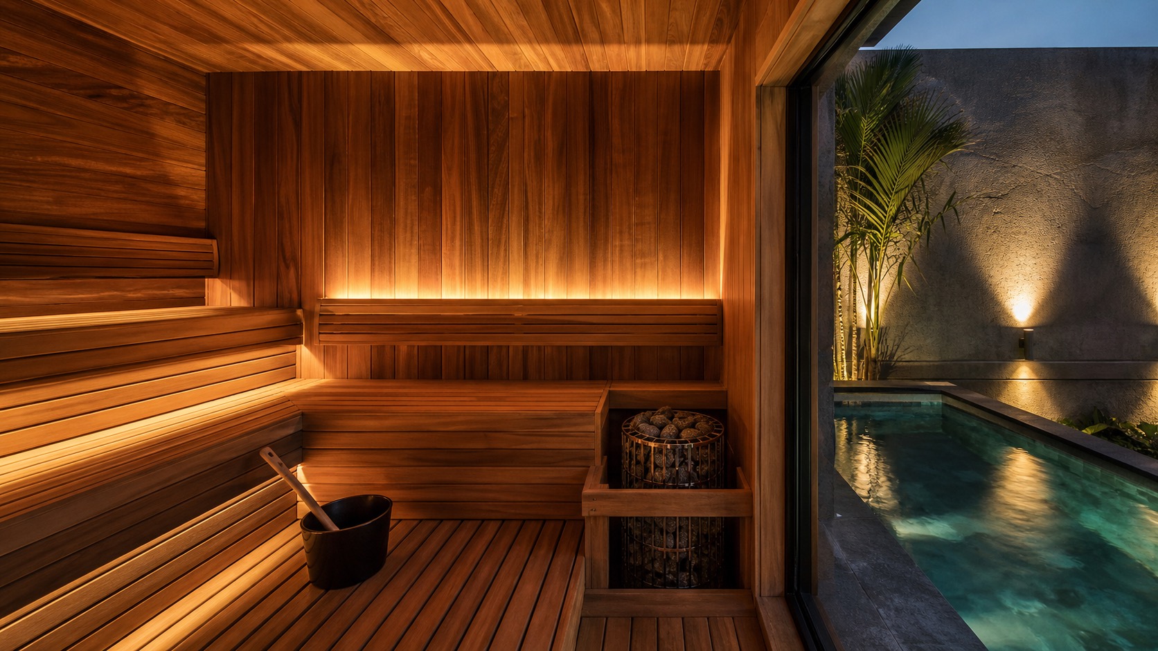 A modern wooden sauna interior with clean benches and warm lighting adjacent to a cold plunge pool in a premium Bali wellness facility