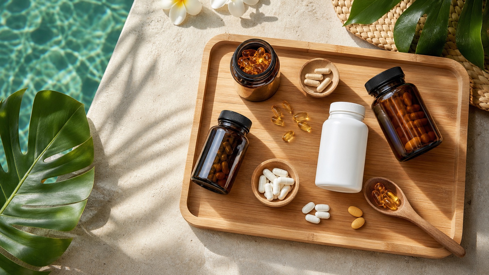 Supplement capsules and bottles on a bamboo tray in a bright Bali villa setting with natural light