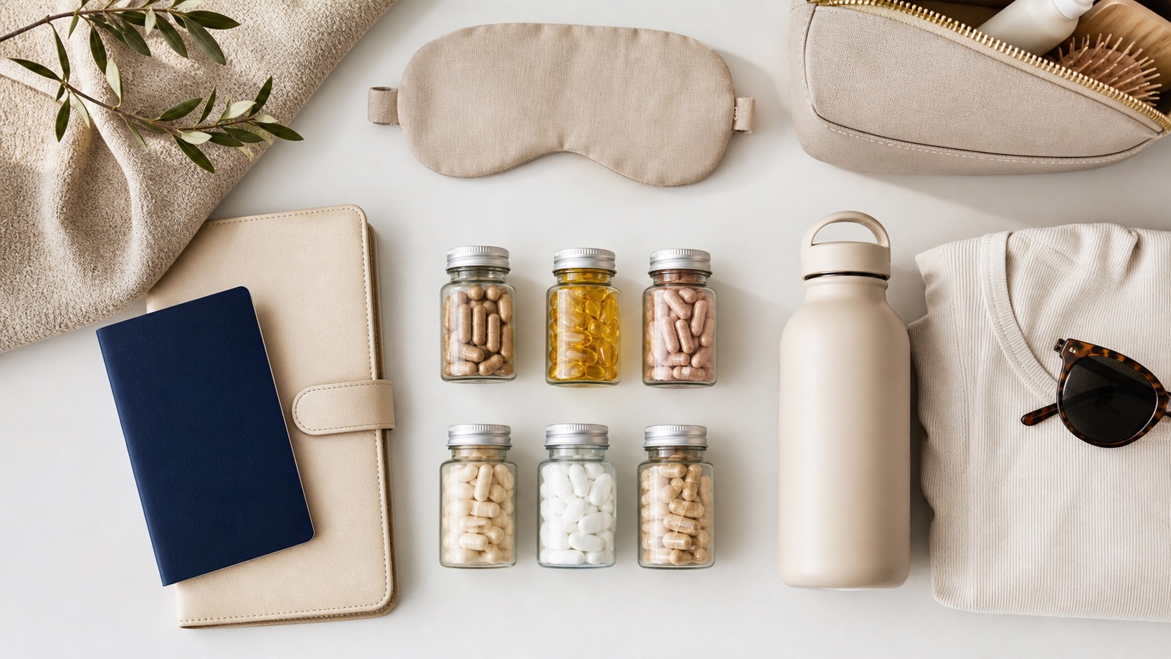 A travel flat lay with neatly organised supplement bottles, a passport, and packing items on a clean white background