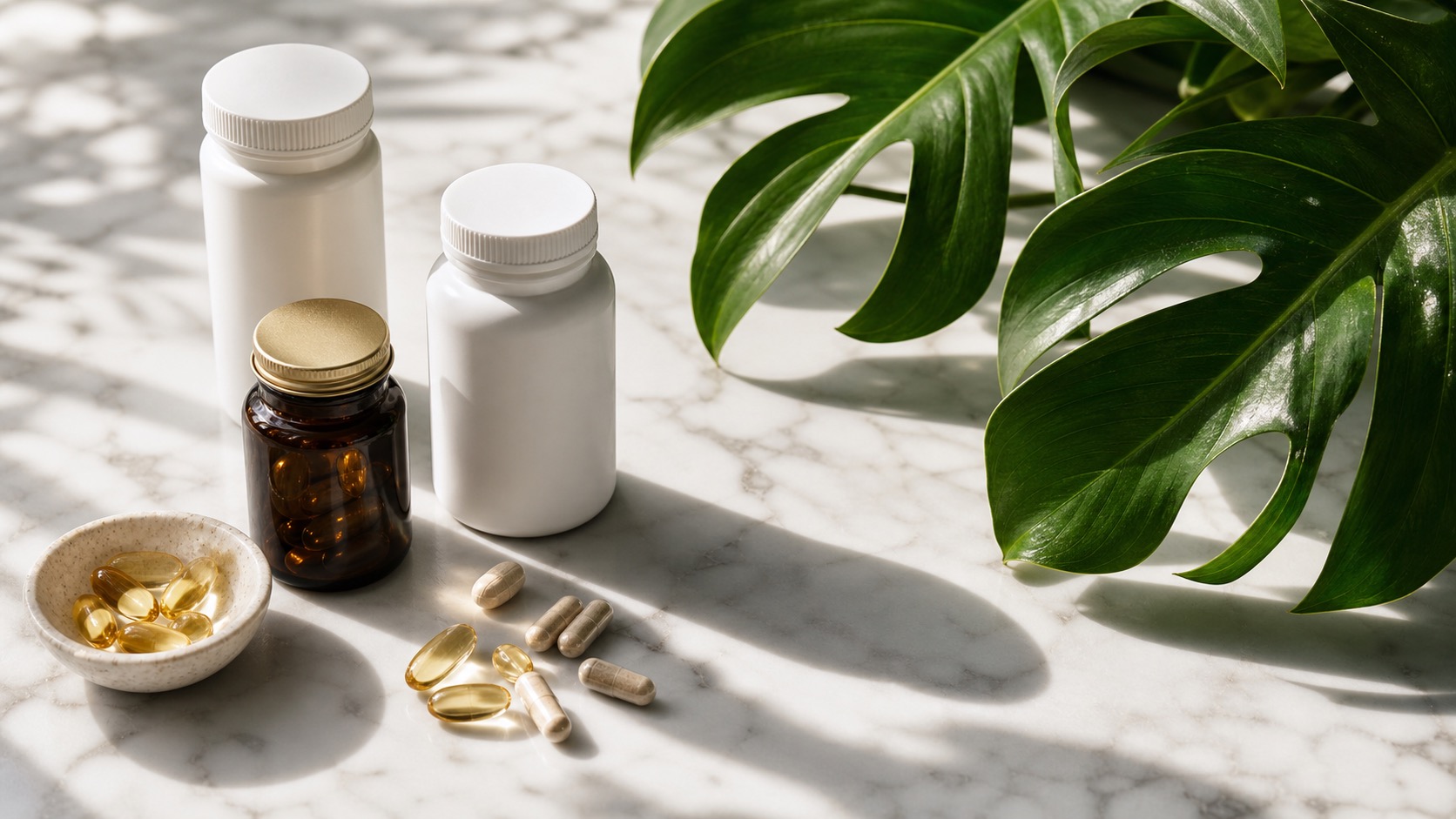 Premium supplement bottles arranged on a clean white surface in a bright Bali wellness setting